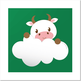 Cute Baby Cow on a Cloud Posters and Art